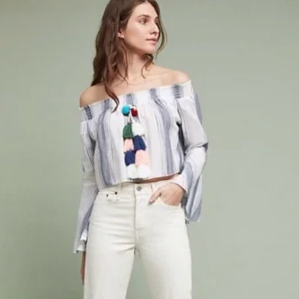 Anthropologie Lilka Playa Stripe Pom Pom Bell Sleeve Boho Peasant Crop Top XS